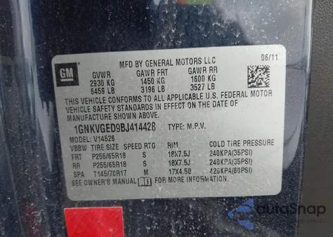 2011 Chevrolet Traverse 1Lt from USA, damaged, VIN 1GNKVGED9BJ414428